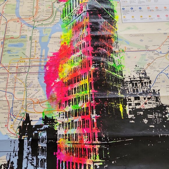 Handpainted New York Flatiron Skyscraper Acrylic Painting on a NYC Subway map - Picture 4 of 6